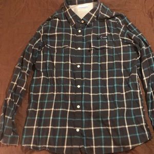 Columbia flannel button up shirt. Gray,turquoise & white plaid. Size L